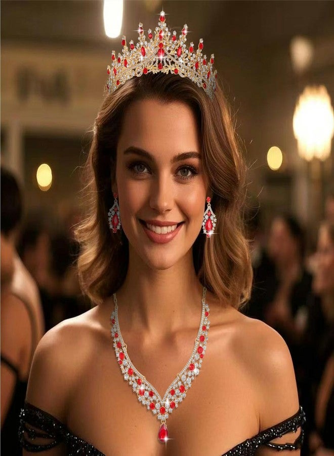 Geurlev Tiaras and Crowns for Women,Tiaras Earrings Necklace, Crystal Bridal Jewelry Set, (GoldRed) - Image 5